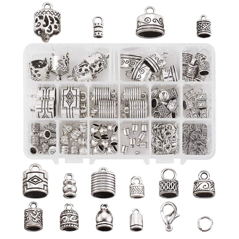 EEE ELECRELIVE 240pcs Tibetan Silver Glue in Leather Cord End Tassel Caps 14 Styles Column Barrel Loop Clasps with Lobster Clasp & Jump Rings for DIY Kumihimo Jewelry Making 3~16mm Cord - Image 1